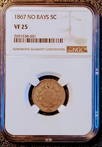 1867 No Rays 5cents Vf25 Ngc - Picture 1 of 8