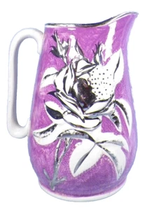 Silver Luster Pitcher Lavender Pottery Roses Unusual Antique Beauty - Picture 1 of 7