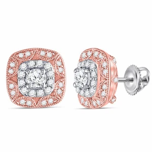 14kt Two-tone Gold Womens Round Diamond Square Halo Earrings 1/2 Cttw - Picture 1 of 1