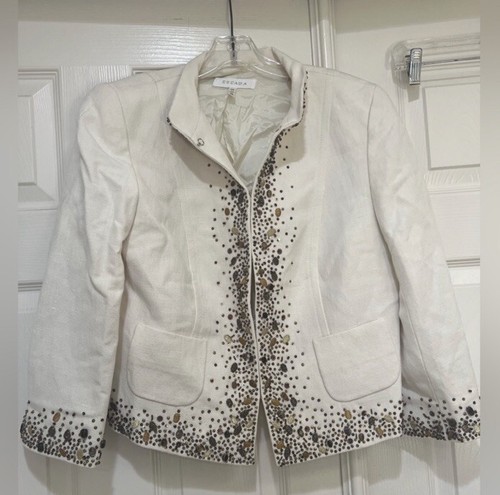 OFF WHITE Giacca blazer Escada lino misto seta bianco panna perline sequenza tasche 40