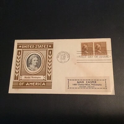 FDC 1938 #805 STAEHLE CACHET 1 1/2 Ct Stamp MARTHA WASHINGTON UNITED STATES USA - Image 1 of 2
