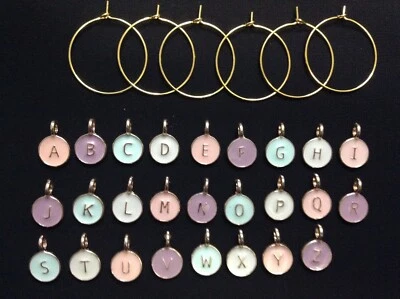 Wine Glass Charms - GOLD TONE - Interchangeable Set 6 Rings + 26 Alphabet Charms - image 1 of 2