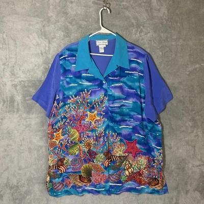 Camisa Blusa Mujer De Colección Diane Gilman 100% Seda Abotonada 3X Peces Tropicales LEER Foto 1 de 4