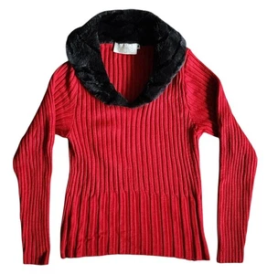 Vintage Cache roter Rippstrick Pullover mit schwarzem Kunstfellkragen Gr. M - Bild 1 von 3