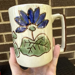 hermosa taza de café JAPÓN flor azul motas pintada a mano 4,25" mango marrón - Imagen 1 de 6