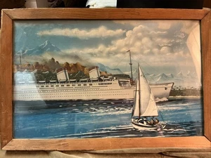 Vintage maritime print in wood frame ocean liner sailboat theme mountains clouds - Picture 1 of 8