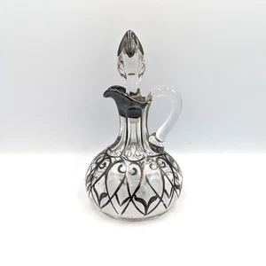 Antique Victorian Silver Overlay Blown Glass Cruet 7 Inch w Lead Crystal Stopper - Picture 1 of 7