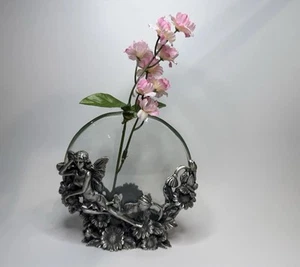 Whimsical Pewter Fairy Vase WF Sunflower Butterfly Round Glass w/ Flowers - Picture 1 of 20