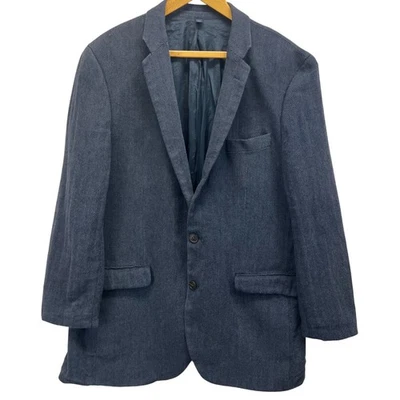J Crew Mens Moon Blue Blazer Herringbone Sport Coat Linen Cotton Blend  44L READ - Image 1 of 4