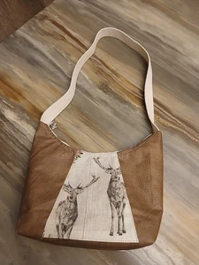 New Vinyl Floral Deer Top handle ShoulderBag Purse Brown Ivory Crescent Baguette - Picture 1 of 7