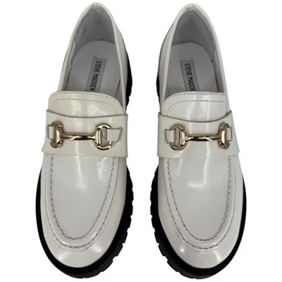 Steve Madden Lando White Leather Lug Sole Loafers Gold Horse bit Hardware Size 9 - Image 1 of 4