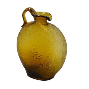 Vintage Amber Glass Pitcher Textured Rose Embossed Applied Handle Mid Century 8" - Picture 1 of 11