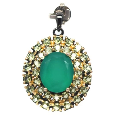 925 Sterling Silver 10 x 12 MM. Green Agate & Peridot Two Tone Pendant - Image 1 of 4