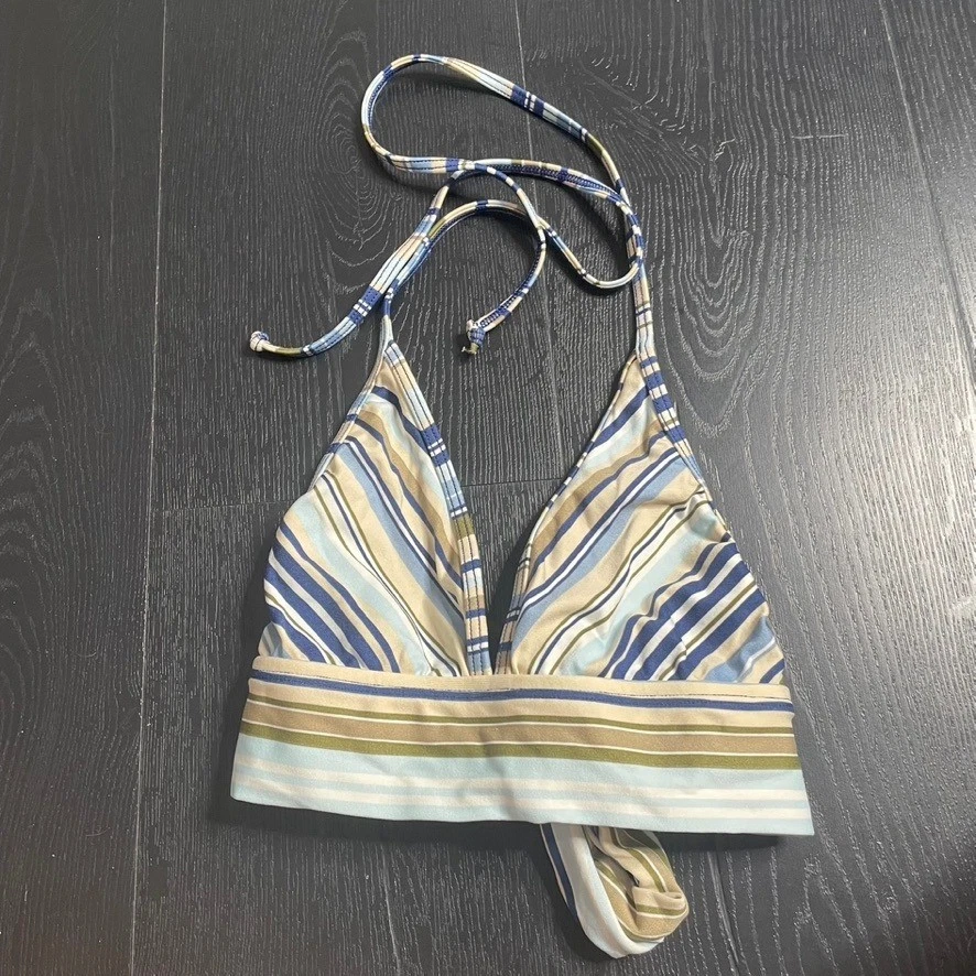 L.E.I. Blusa de natação anos 90 Y2K listrada pequena azul branca triângulo halter - Imagem 1 de 4