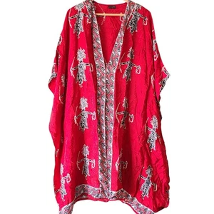 Red Textured Satin Kaftan Beach Cover Duster Tribal Boho One Size - Picture 1 of 7