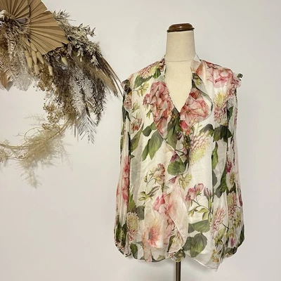 Made In Italy Woman’s Silk Top Floral Pattern Boho Size M Casual Balloon Sleeve - image 1 of 4