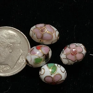 4 Vintage White Pink Flowers Leaves Cloisonne Chinese Enamel Oval Beads 9x7mm - Bild 1 von 4
