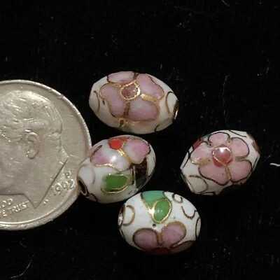 4 contas ovais esmaltadas chinesas cloisonne folhas de flores rosa brancas vintage 9x7mm  - Imagem 1 de 4