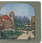 1904 Zamek w Alpach Tyrolskich, T.W. Ingersoll Karta stereoview, kolor