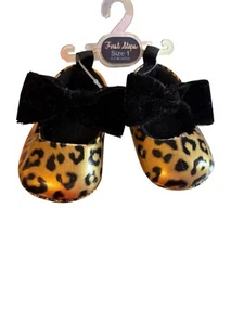 First Steps Gold Leopard Baby Girl Mary Jane Shoes Black Velvet Bows (0-3mo) - Picture 1 of 9
