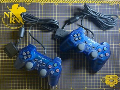 Lot 2 Official Playstation PS2 DualShock2 Wired Analog Controller Clear Blue - Image 1 of 4