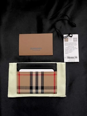 Estuche portatarjetas Burberry Sandon beige a cuadros de lona de cuero negro con logotipo Foto 1 de 4