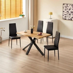 Wood Dining Table with X Legs & 4 Black Leather Chairs, Modern Kitchen Set - Picture 1 of 4