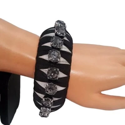 Women's Statement Bangle Bracelet Ribbon Black, Grey Rhinestone NWOT - Image 1 of 4