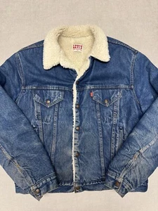 Levi's denim sherpa foderato camionista taglia 46 L giacca jeans blu vintage anni 80 USA - Foto 1 di 9
