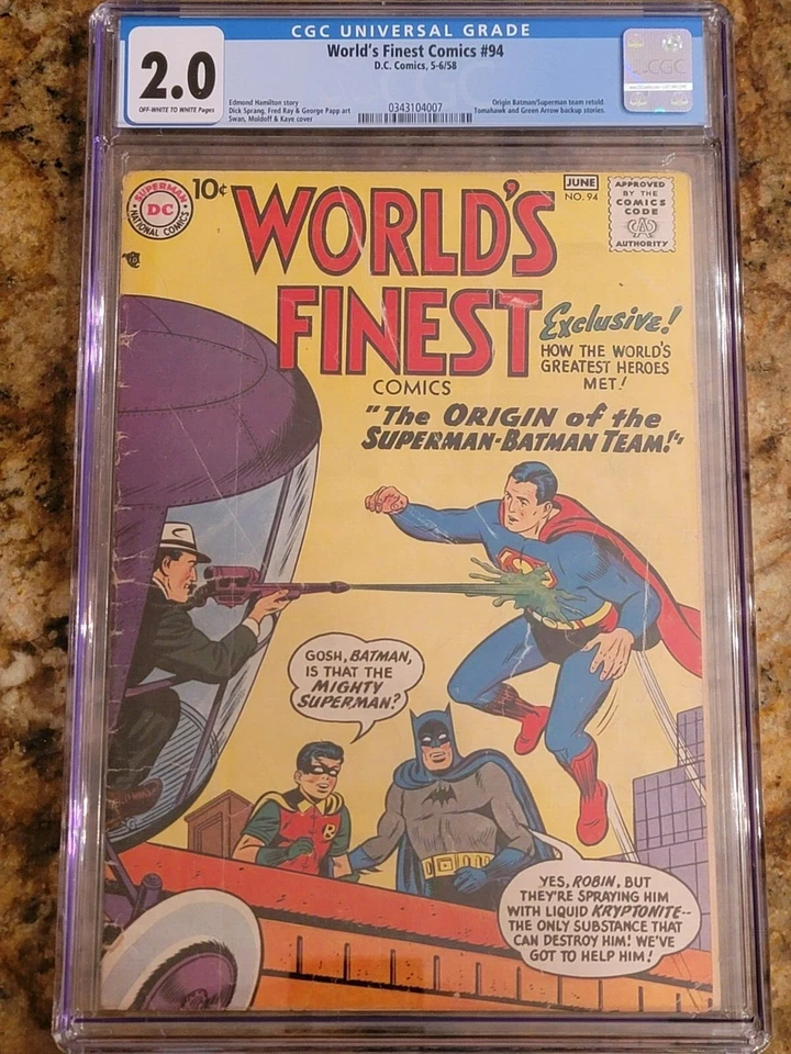 1958 D.C. Comics World's Finest 94 CGC 2.0. Batman Superman Origin Retold - Image 1 of 1