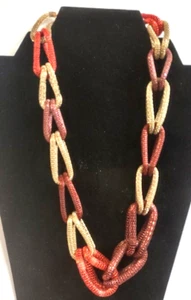 Chunky Large Mesh Chain Looped Gold Tone & Red Enamel 23" Statement Necklace - Picture 1 of 10