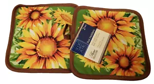 2er Set Bedruckte Küche Topflappen, 7"x7", SONNENBLUMEN AUF GRÜN mit brauner Rückseite, GR - Bild 1 von 7