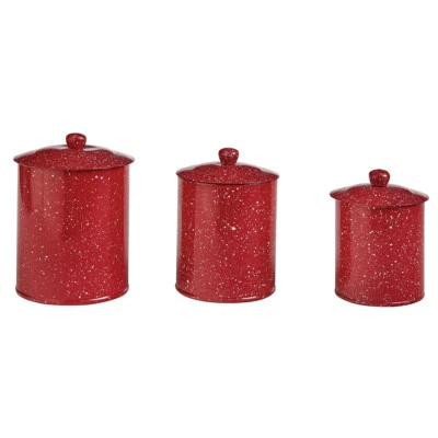 Primitive Farmhouse 3 pc Red Granite Enamel Canisters - Image 1 of 3