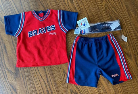 Atlanta Braves MLB 12M 12 Month RED Blue 3 Pc Outfit SHIRT Shorts SWEATBAND -NEW Cover