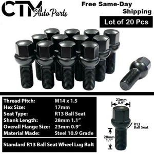 20x Black 14x1.5 Ball Seat Wheel Lug Bolts 28mm Shank Fit Mercedes Stock Wheels - Picture 1 of 6