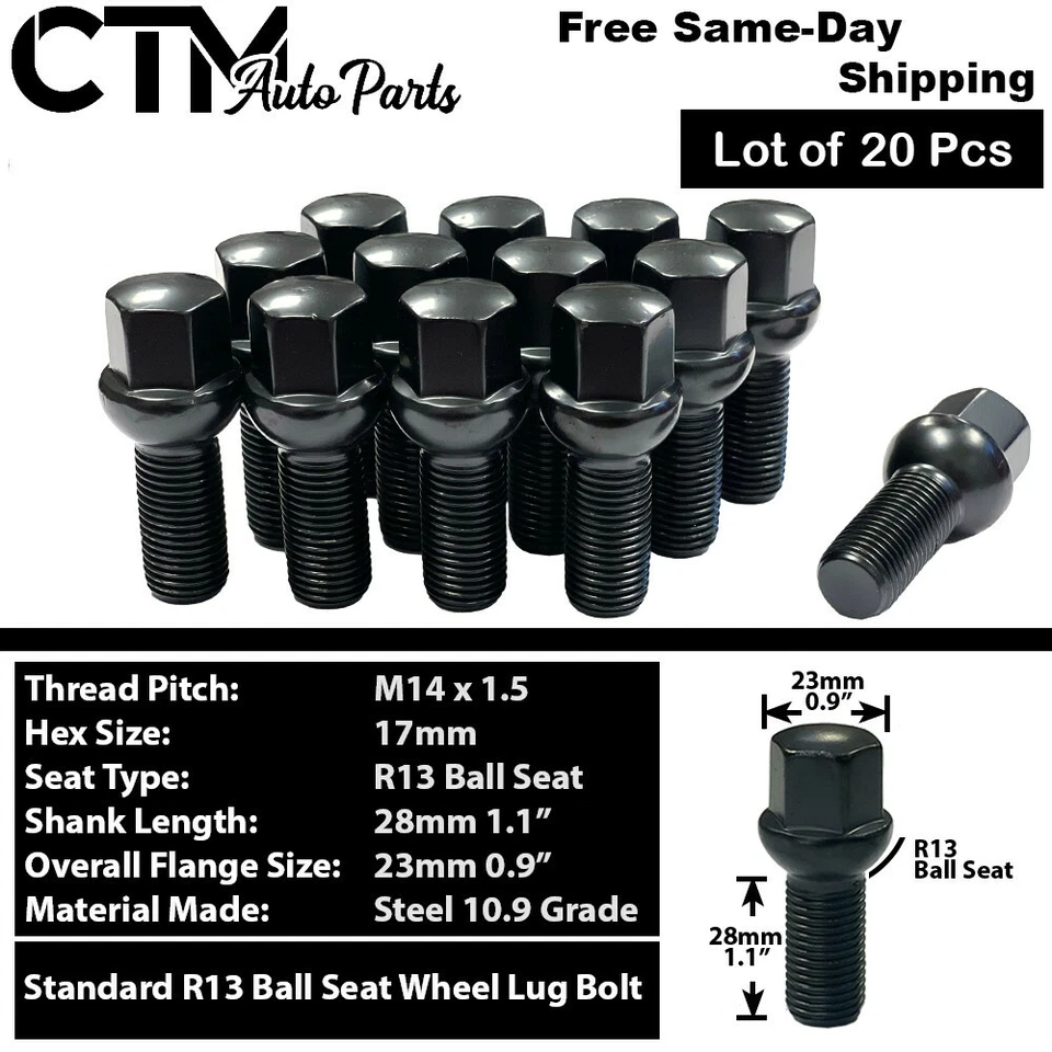 20x Black 14x1.5 Ball Seat Wheel Lug Bolts 28mm Shank Fit Mercedes Stock Wheels - Image 1 of 4