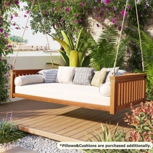 Acacia Wood Twin Swing Bed Patio Swing Bench Garden Hanging Chair Yard Outdoor - Picture 1 of 19