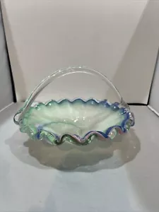 Vintage Glass Basket Blue/Green Slag Hobnail Glass Crimped Ruffle 7.5 Tall - Picture 1 of 7