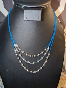 Necklace 3 Rows Silver Tone & Turquoise Beads W/ Colored Chain - Picture 1 of 3