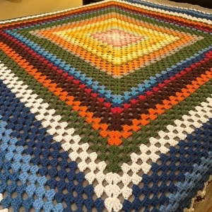 Handmade Afghan One Giant Granny Square Multi Rainbow 70x70 Knitted Blanket - Picture 1 of 6