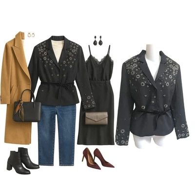 Chaqueta Blazer Albert Nipon Floral Bordada Negra 100% Lana~8~Hermosa Foto 1 de 4