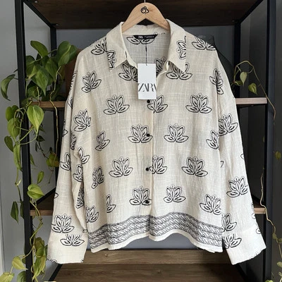 Zara Floral Embroidered Shirt XL UK 14 16 Ecru & Black Relaxed Fit New with Tags - Image 1 of 4
