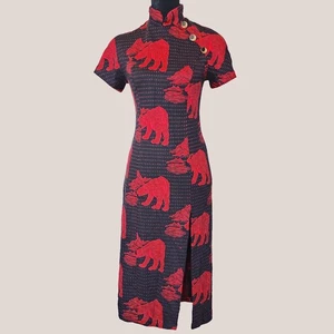 Vintage Handmade Asian-Inspired Dress Red & Black Bear Print Front Leg Slit - Picture 1 of 6