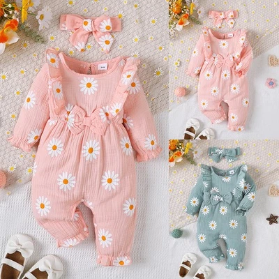 Newborn Baby Girls Floral Long Sleeve Romper Jumpsuit Infant Outfit Clothes Set - Image 1 of 4