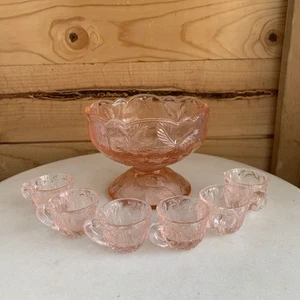 Vintage Mosser Pink Glass Miniature Punch Bowl 6 Cup Set Inverted Strawberry - Picture 1 of 6