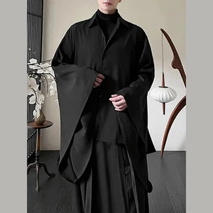 Men Shirt Loose Fit Long Sleeve Bell Sleeve Lapel Flare Button Vintage Style - Picture 1 of 25