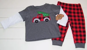 Baby Essentials 2 Pc LS Farm Truck Christmas Tree Shirt Plaid Pants Outfit 12M - Picture 1 of 4