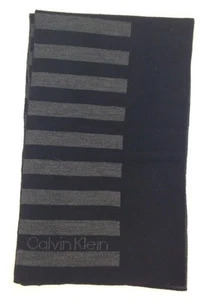 $146 Calvin Klein Men Black Gray Striped Black Logo Scarves Muffler Winter Scarf - Picture 1 of 2