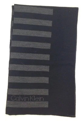 $146 Calvin Klein Men Black Gray Striped Black Logo Scarves Muffler Winter Scarf - Image 1 of 2