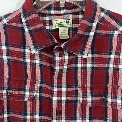 Camisa masculina de flanela L.L Bean tamanho grande vermelha branca azul xadrez vintage Euc - Imagem 1 de 4